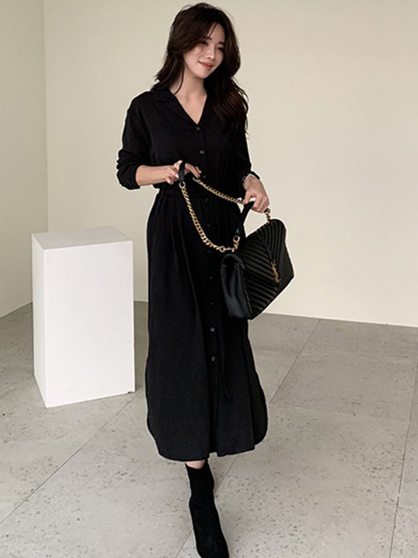 Urban Solid Color Elasticity Waist Long Sleeve Shirt Dress