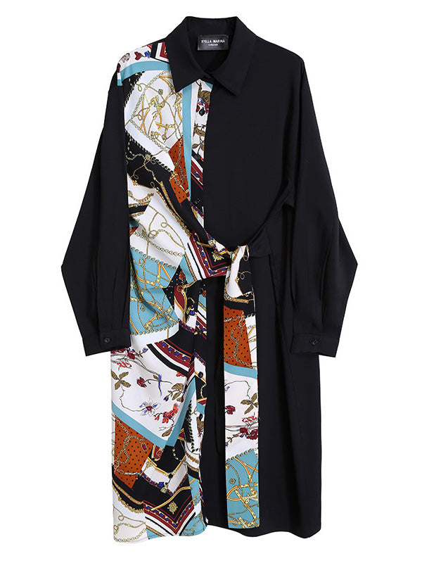 Original Printing Split-Joint Long Sleeve Shirt Dress