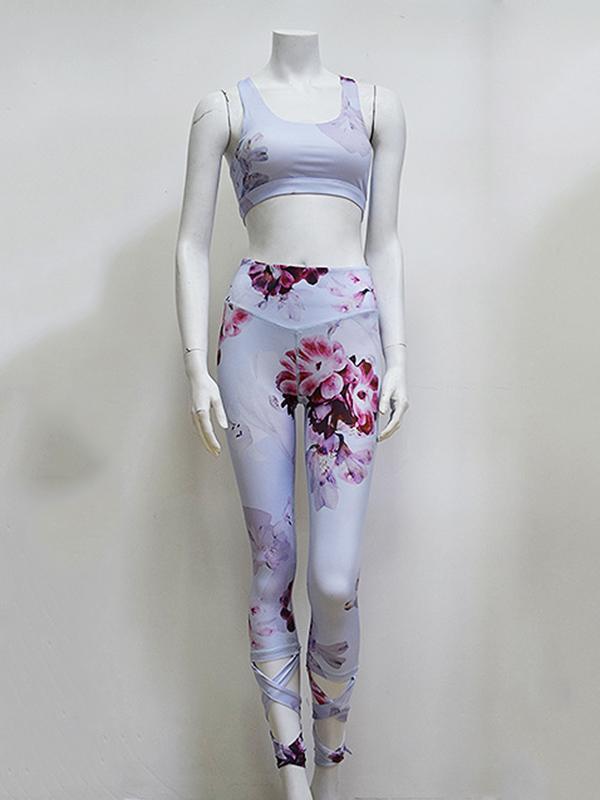 Bandage Floral Printed Sports Bra and Fitness Legging Suits