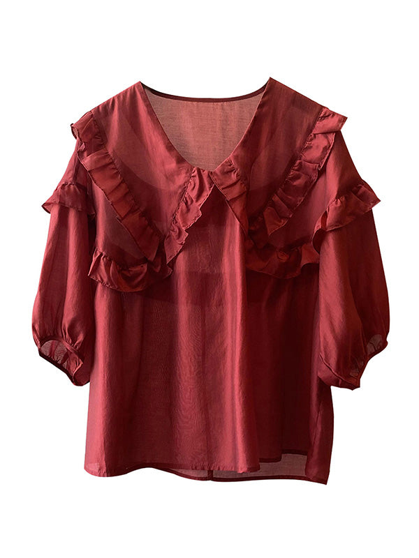 Stylish Solid Color Split-Joint Falbala V-Neck Half Sleeves Blouse