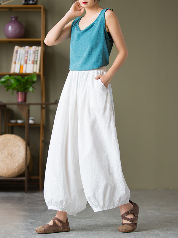 Simple Loose Linen Solid Color Pleated Drawstring Wide Legs Knickerbockers