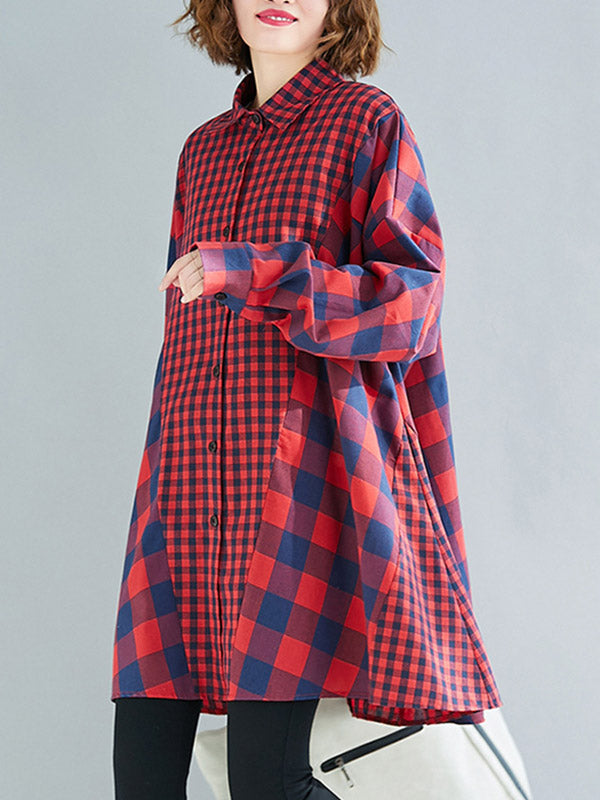 Fashion Plaid Lapel Long Sleeve Blouse Top