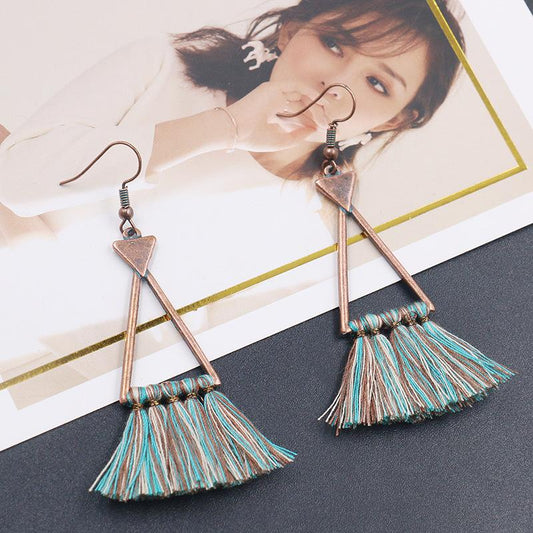 Triangle Alloy Woolen Tassel Pendant Long Earrings Wholesale