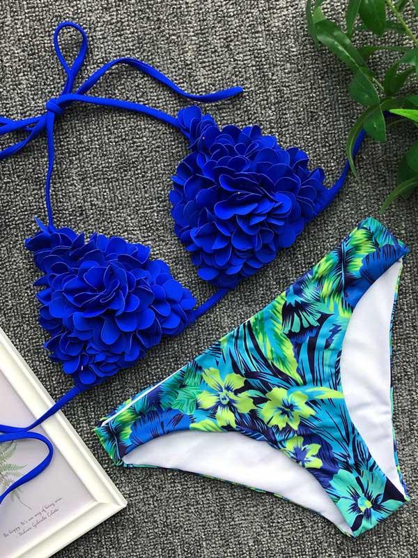 Plain Triangle Top With Printed Panty Bikini Set