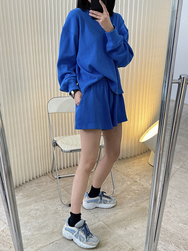 Casual Solid Color Sweatshirts& Drawstring Wide Leg Shorts Suits