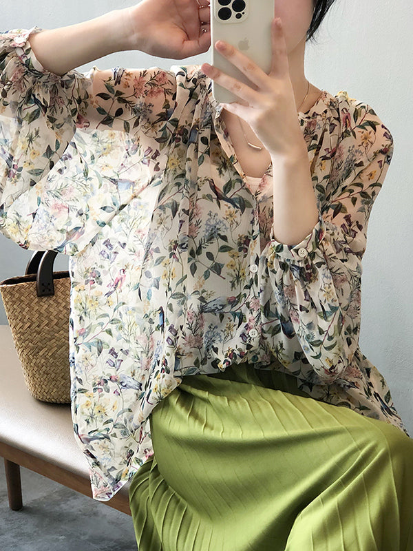 Urban Multi-Colored Floral Printed Puff Sleeves Chiffon Blouse