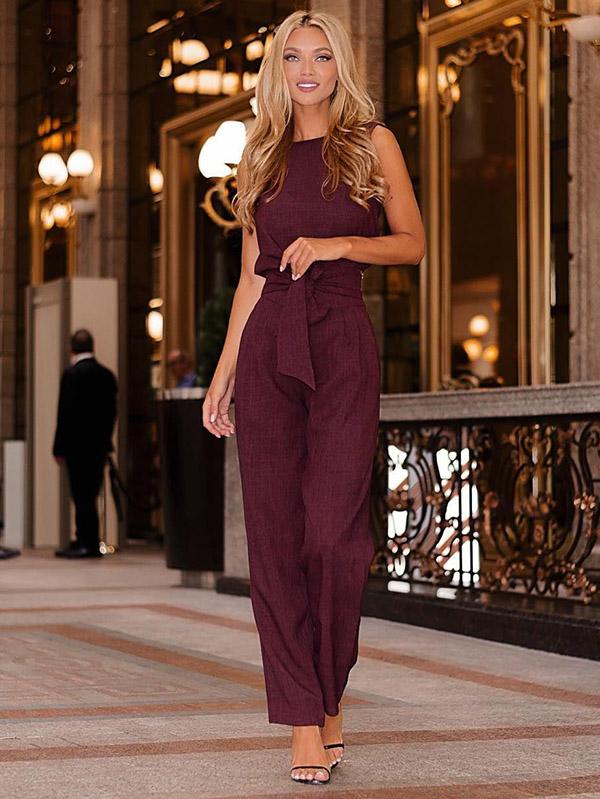 Solid Color Sleeveless Belted Jumpsuits