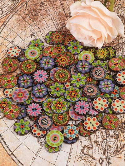 About 100Pcs Multi-Color Printed Round Buttons