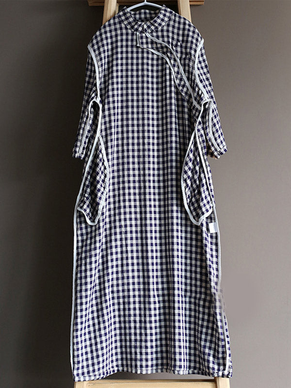 Original Plaid Half Sleeve Stand Collar Long Cheongsams