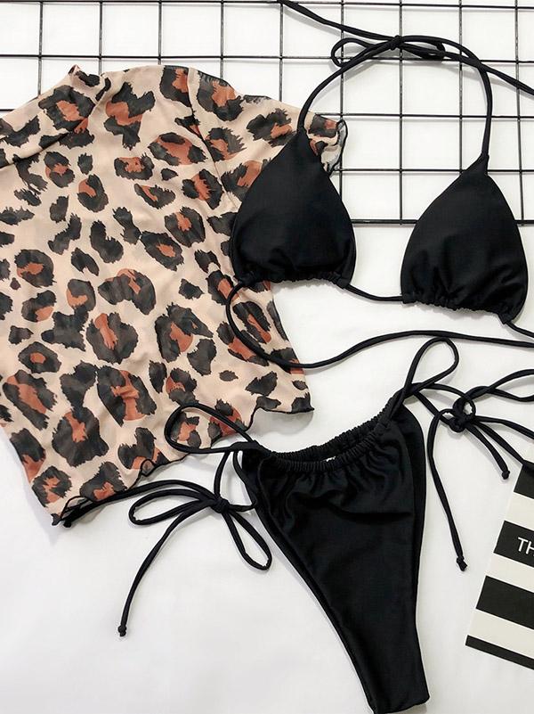 Leopard Print Half Sleeve Bikinisthree-Piece Set