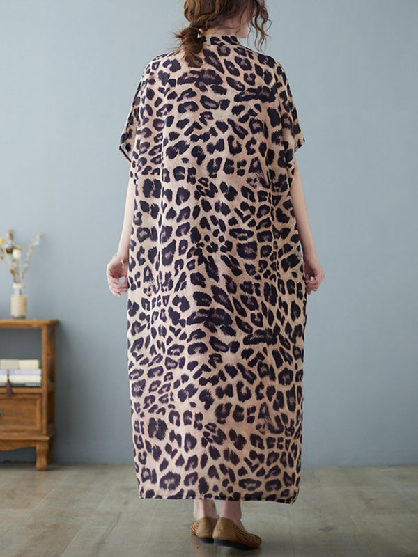 Original Loose Ramie Cotton Leopard Printed Buttoned Stand Collar Midi Shirt Dress