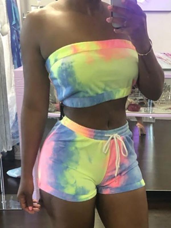 Tie Dye Off Shoulder And Drawstring Shorts Suits