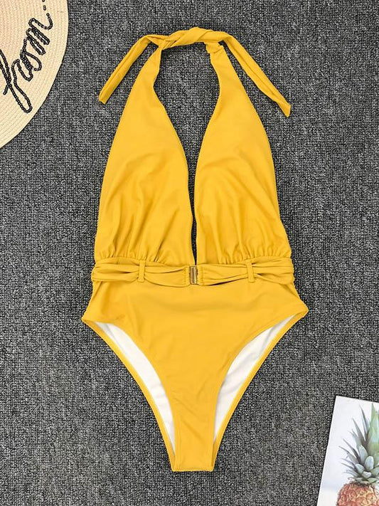 Sexy V-Neck Waist Buckle Backless One-Piece Swimwear