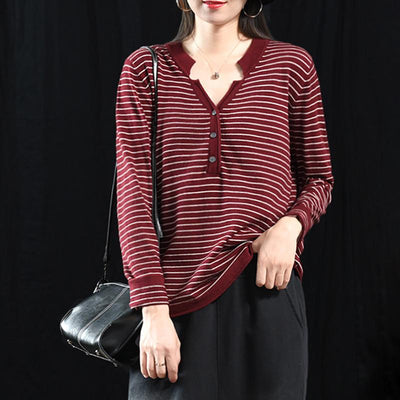 Buykud V-Neck Striped Long Sleeve Casual Blouse
