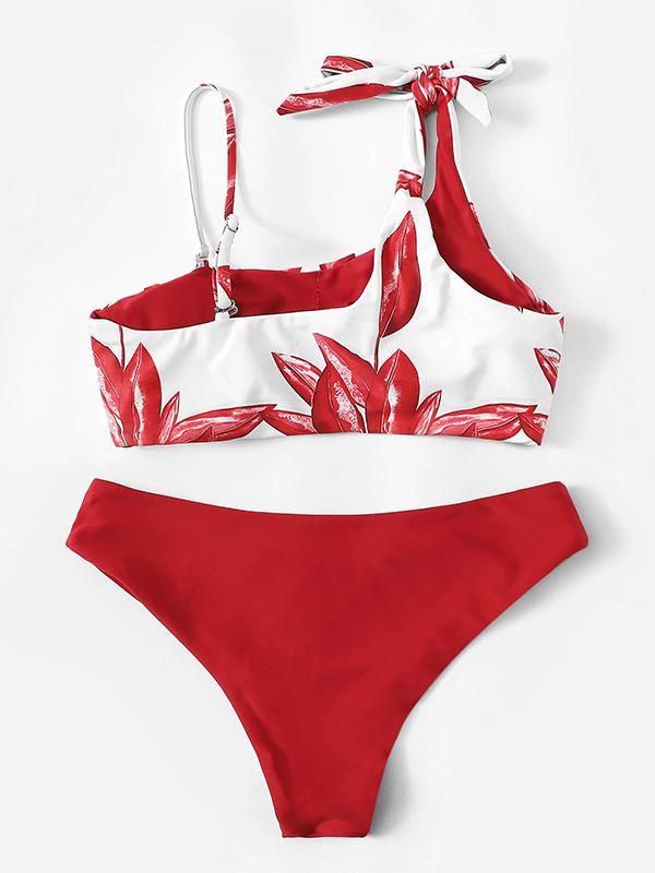 Sexy One-Shoulder Knotted Printing Split Type Bikini Swimsuit