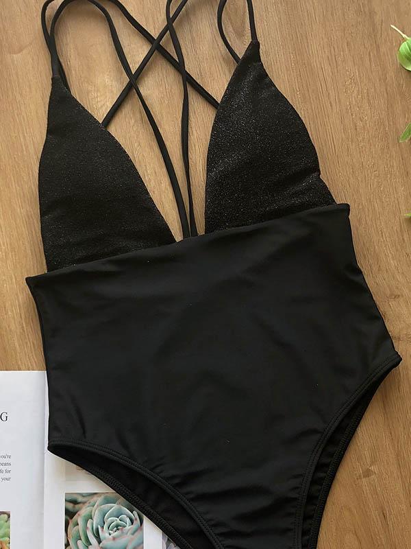 Sexy Deep V-Neck Splice One-Piece Swimwear