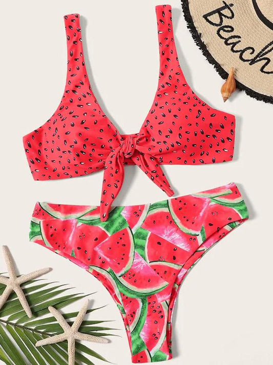 Watermelon Print Bow-embellished Bikini Set