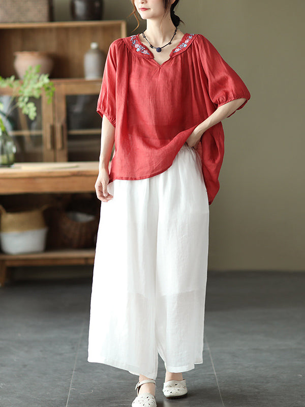 Simple Casual Vintage Ramie Cotton Wide Legs Pants