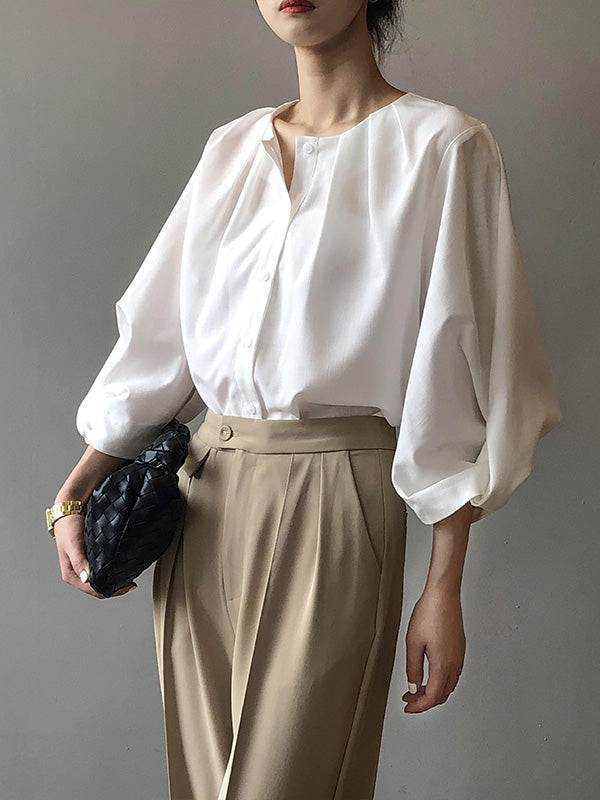 Casual Solid Color Pleated Buttoned Round-Neck Puff Sleeves Blouse