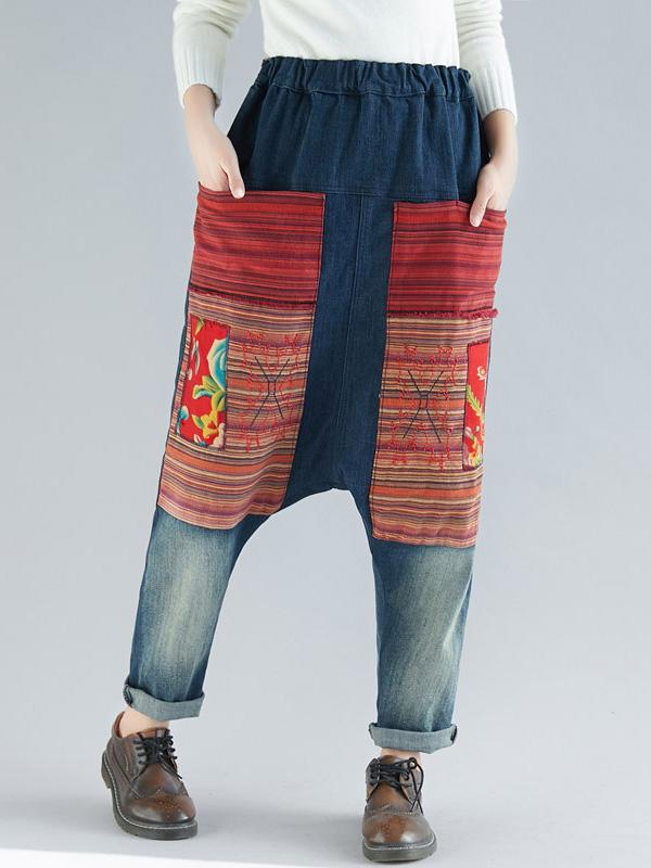 Elastic Waist Embroidered Harem Pants