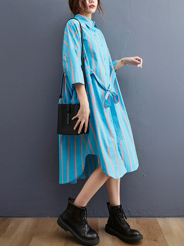 Stylish Striped Tied Buttoned Half Sleeves Lapel Collar Loose Midi Shirt Dress