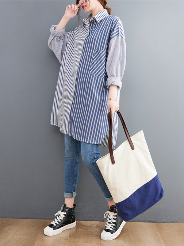 Artistic Retro Loose Striped Split-Joint With Pocket Buttoned Split-Side High-Low Lapel Collar Long Sleeves Blouse