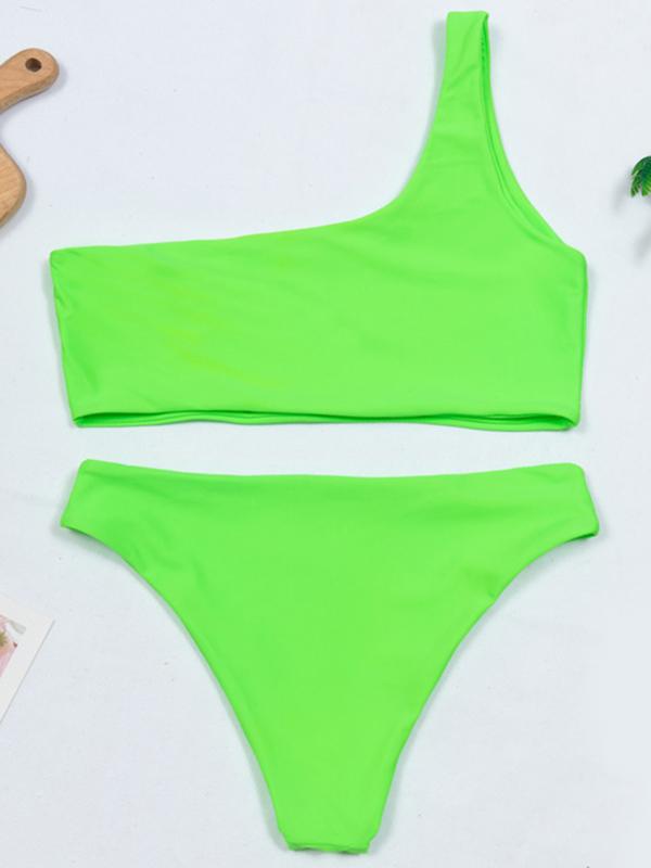 Sexy Single Shoulder Solid Color Split Bikini Swimsuit