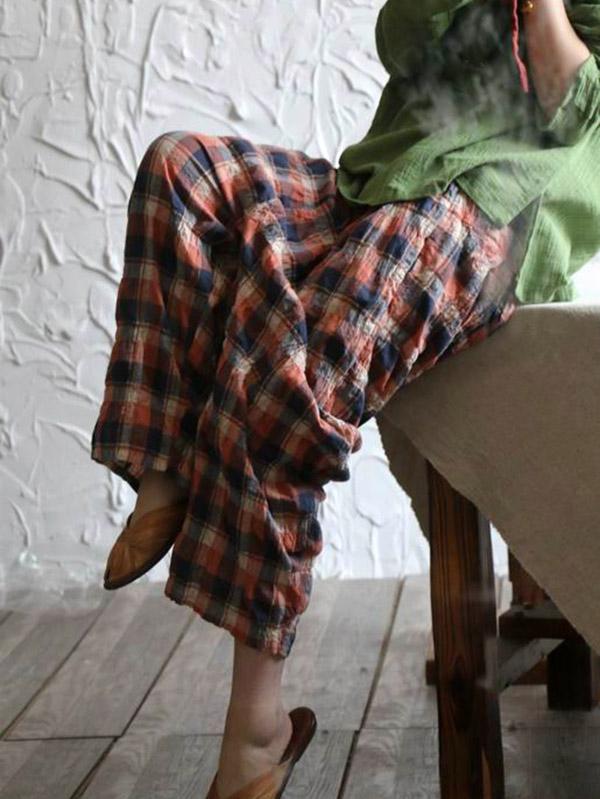 Casual Colorful Plaid Linen Pants