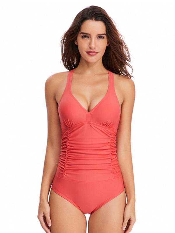 Plain Cross Straps One-piece Swimwear