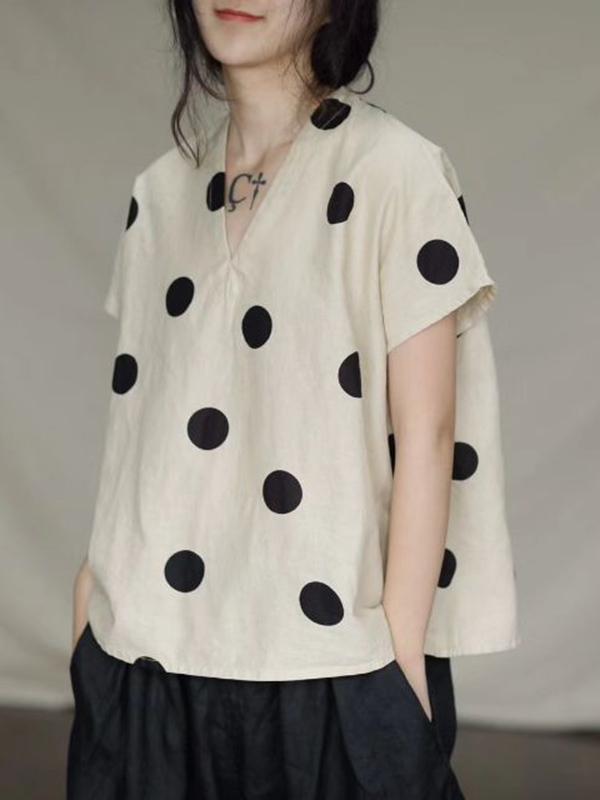 Literary Original Polka-dot V-neck Linen T-shirt