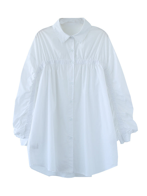 Simple Split-Joint Pleated Buttoned Lapel Collar Long Sleeves Blouses