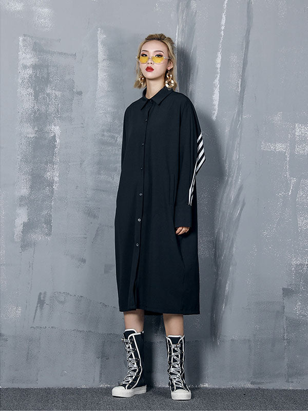 Loose Split-joint Striped Lapel Shirt Dress