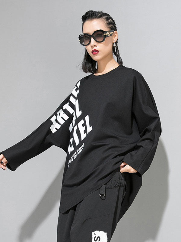 CASUAL LETTER PRINTED CIRCULAR HOLE RIBBON T-SHIRT