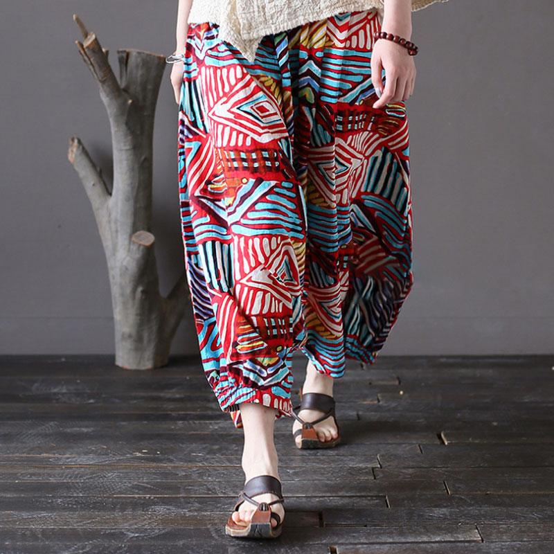 Summer Retro Printed Loose Low Crotch Cotton Pants