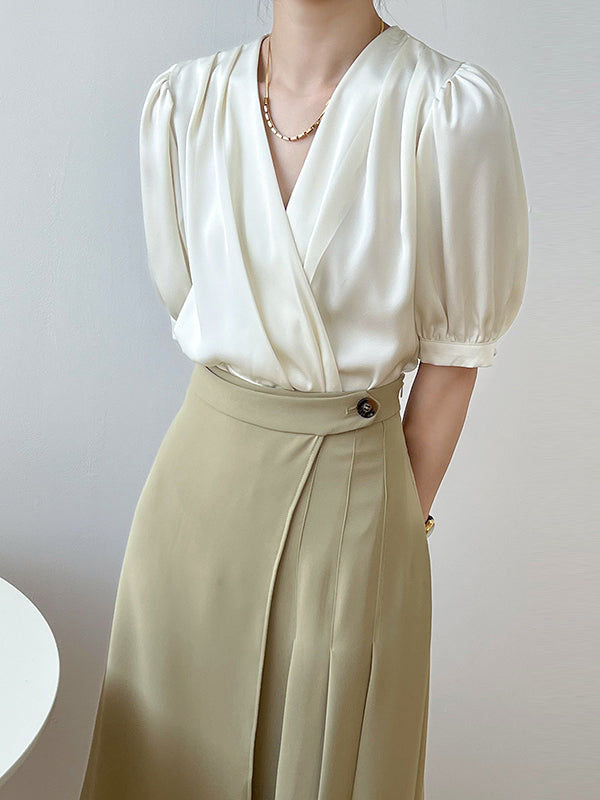 Office V-Neck Half Sleeves Solid Color Blouse