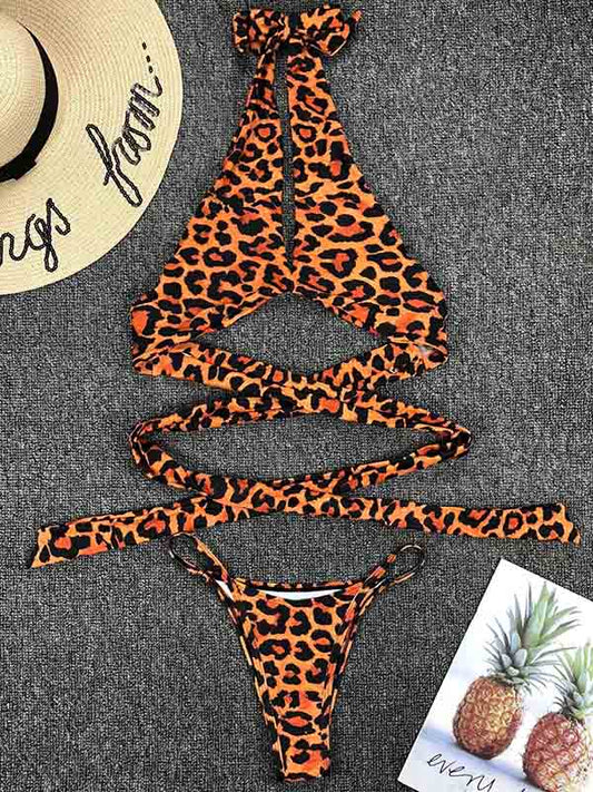 Sexy V-Neck Bandage Leopard Print Bikini Swimsuit