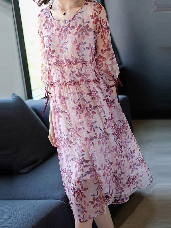 Elegant Printed Silk Casual Long Dress