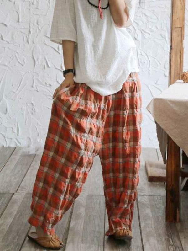 Casual Colorful Plaid Linen Pants