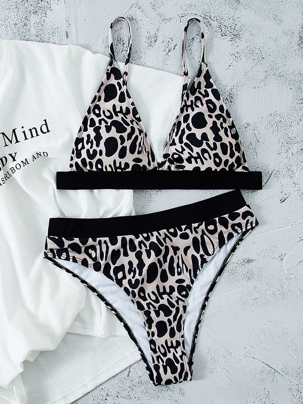 Leopard Printed Triangle High-Waisted Bikini Swimwear