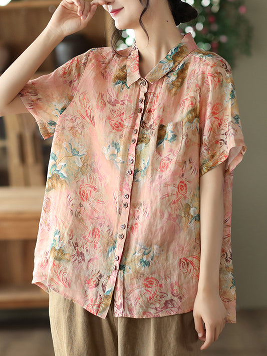 Vintage Artistic Retro Loose Floral Printed Ramie Cotton Blouse