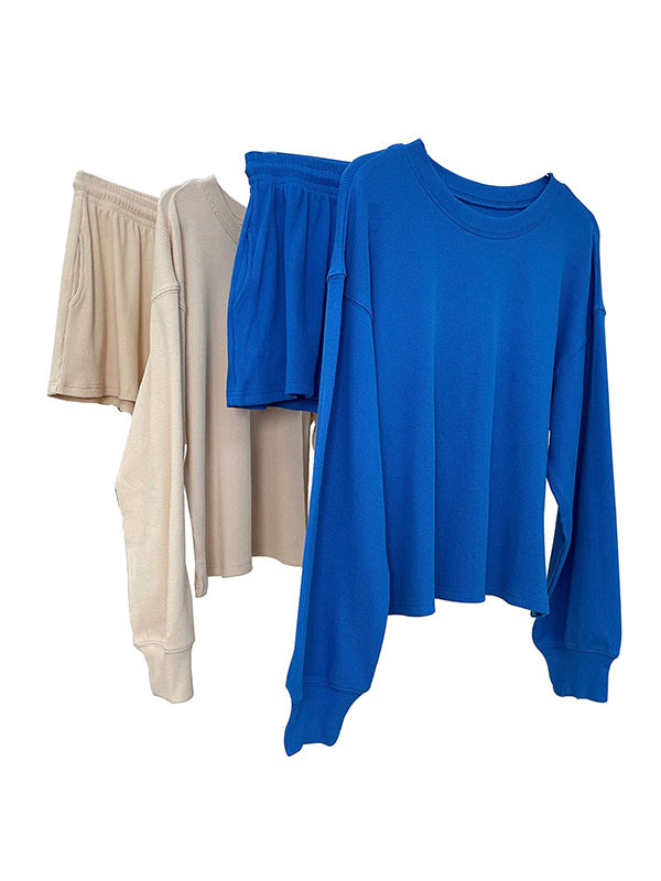 Casual Solid Color Sweatshirts& Drawstring Wide Leg Shorts Suits