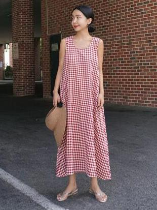 Sleeveless Plaid Loose Plus Size Midi Dresses