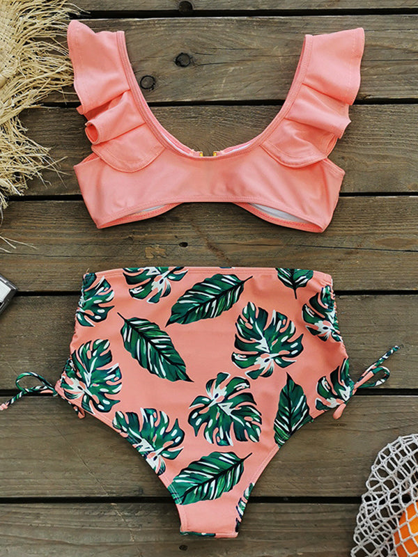 Printed High-Waisted Drawstring Falbala Bikini Swimsuit