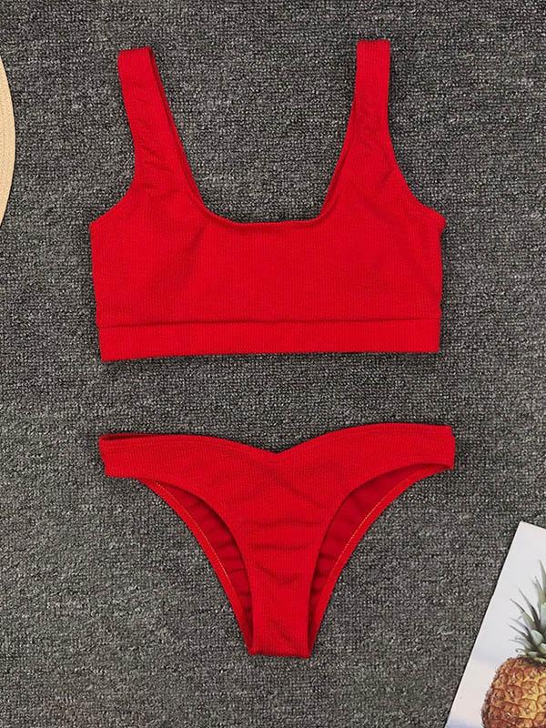 Plain Ribbed Bandeau Bikini Swimsuit