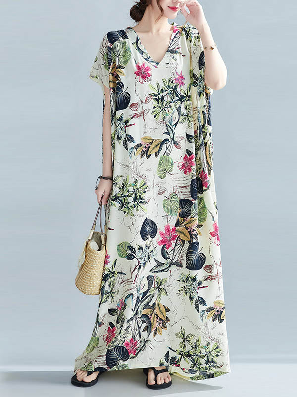 Original Floral Printed Loose Round-Neck Batwing Sleeves Maxi Dress