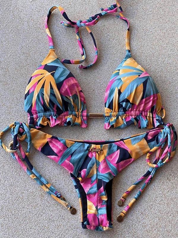 Floral-Print Ruffled Ruffled Bandage Triangles Split Bikini Swimsuit