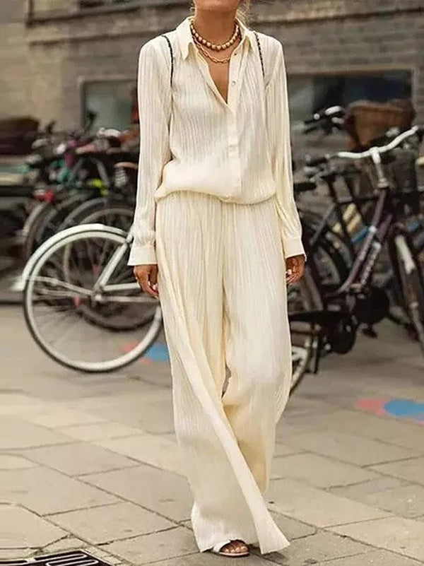 Simple Lapel Long Sleeves Blouse + Wide Leg Pants 2 Pieces Set