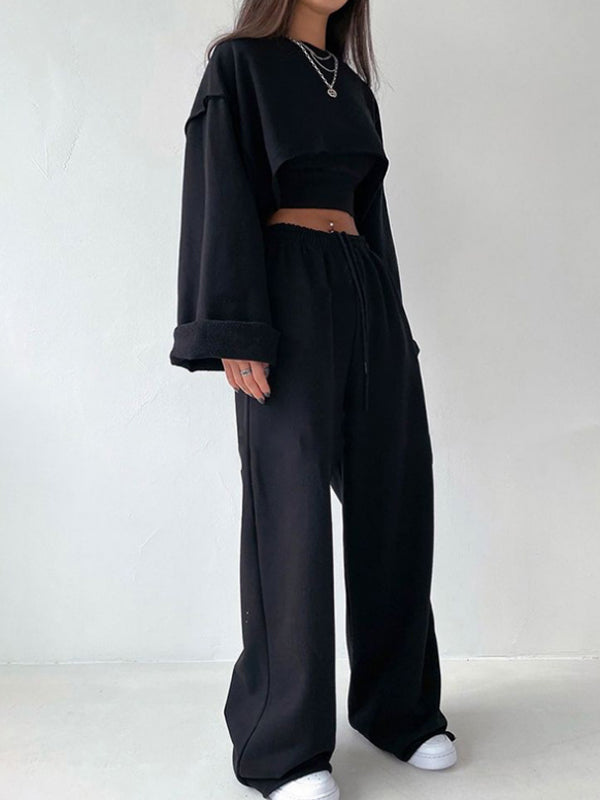 Stylish Solid Color Long Sleeve Cropped Sweatershirt+Wide-Leg Pants Three-Piece Suit