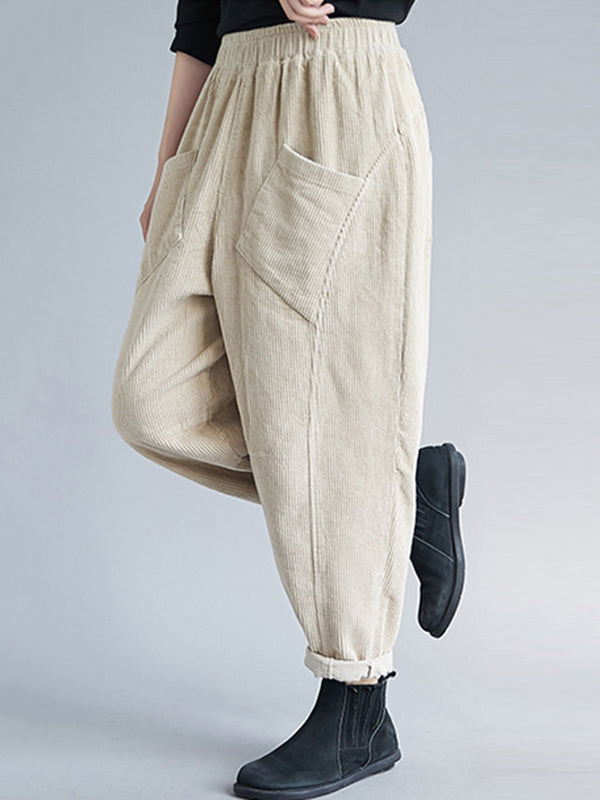 Casual Solid Color Split-Joint With Pocket Elasticity Wide Legs Corduroy Harem Pants