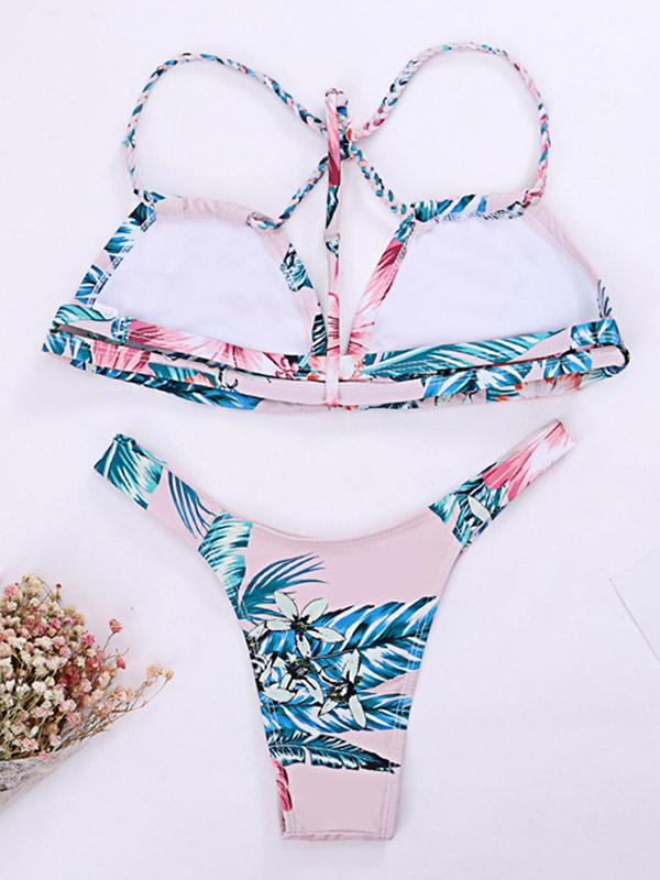 Sexy Braiding Bandage Backless Triangles Split Bikini Swimsuit